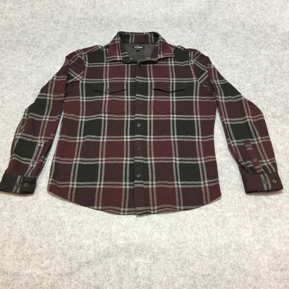 Express Mens Plaid Flannel Button Down Shirt Burgundy Black‎ Grey Size M